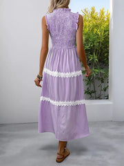 Purple striped midi dress with smocked bodice and lace trim