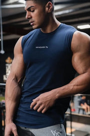Navy performance tank top with subtle logo detail on chest