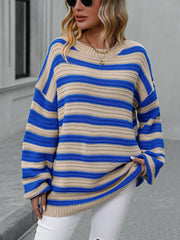 Chunky stripe relaxed fit knit sweater in sky blue and beige acrylic with crew neck and long sleeves.