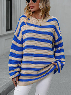 Chunky stripe relaxed fit knit sweater in sky blue and beige acrylic with crew neck and long sleeves.