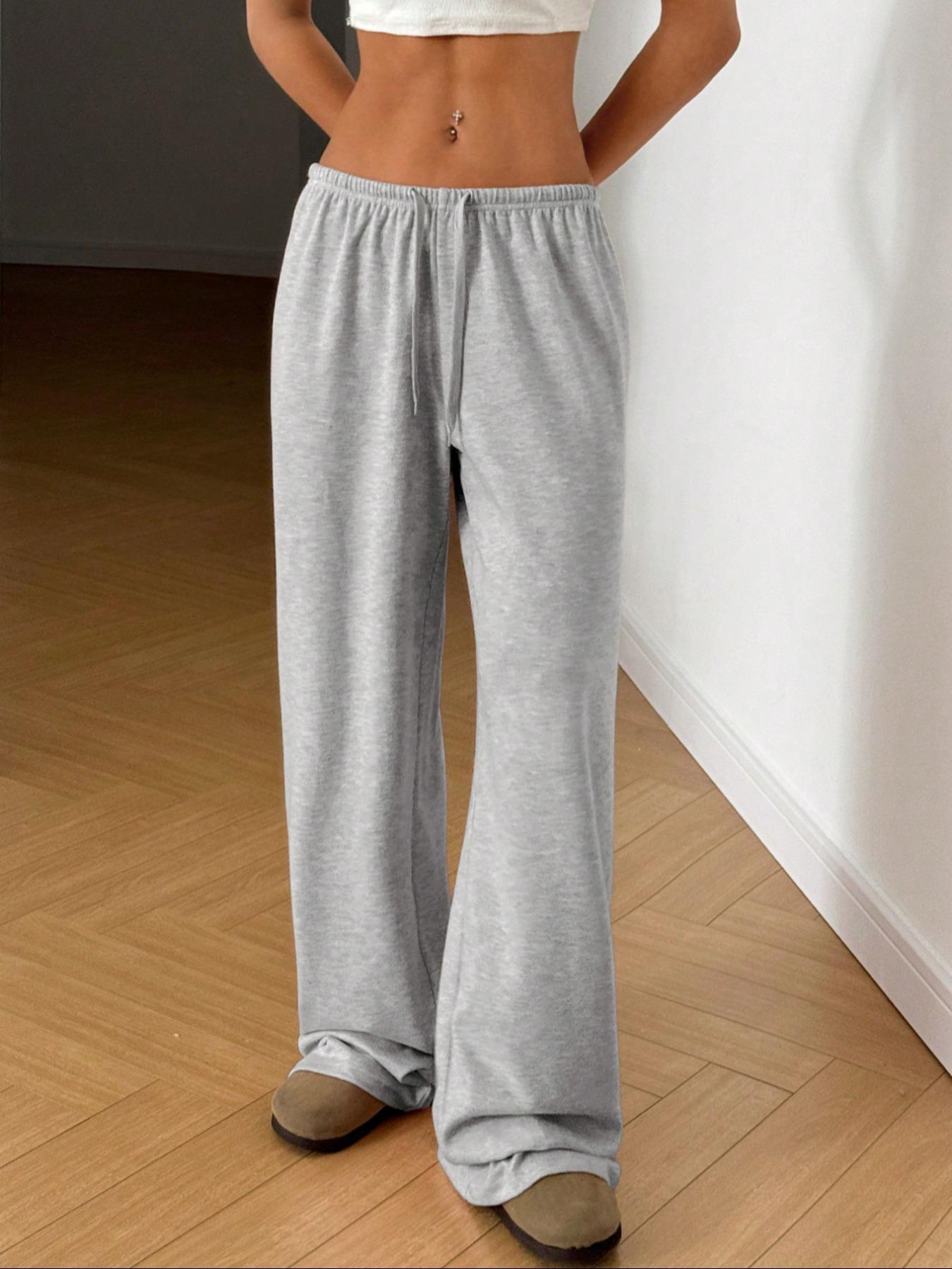 Gray casual wide-leg maternity pants with drawstring waist and flared ankle.
