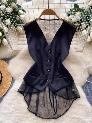 Black button-down vest coat with lace embellishments and sheer lace hem
