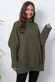 Army green ribbed turtleneck sweater with batwing sleeves and a relaxed fit.