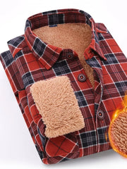 Red and blue plaid cotton button-up shirt with sherpa lining and pocket detail.