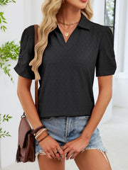 Black eyelet ruched short sleeve blouse with a collared neckline.