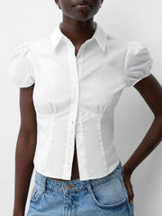 White puff sleeve fitted button-up shirt with darted waist