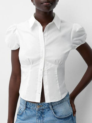 White puff sleeve fitted button-up shirt with darted waist