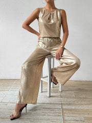 Camel metallic palazzo set with draped neckline top and wide-leg pants.