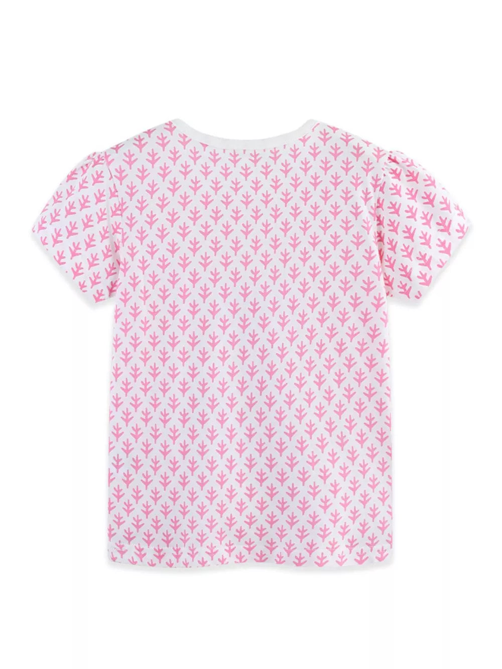 Toddler blush pink cotton tee with allover coral pattern and puff sleeves.