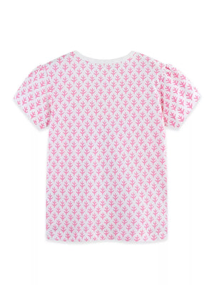 Toddler blush pink cotton tee with allover coral pattern and puff sleeves.