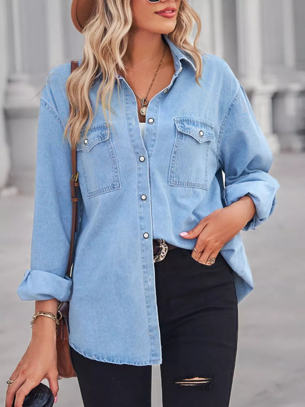Light blue washed denim maternity overshirt with snap pockets and classic collar.