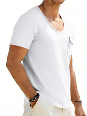 White cotton blend tee with scoop neck and chest pocket.