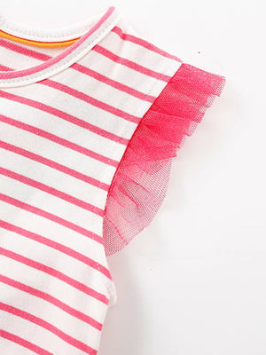 Toddler striped cotton dress with pink tulle flutter sleeves.