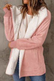 Blush pink suede-effect jacket with sherpa collar and lining, open front, long sleeves.