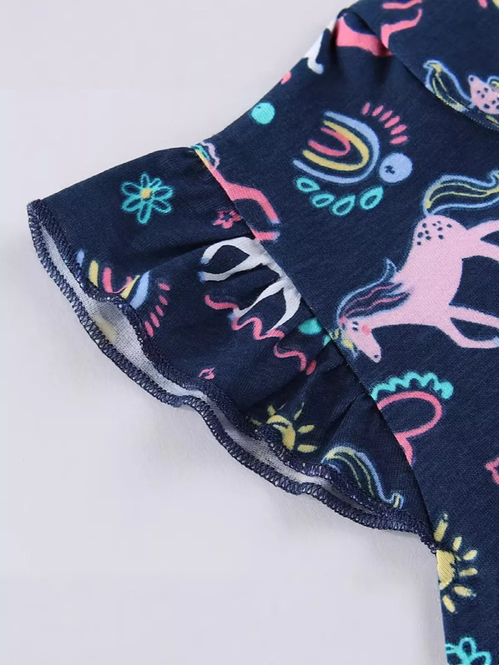 Navy cotton baby dress with unicorn and rainbow print, featuring ruffle sleeves.