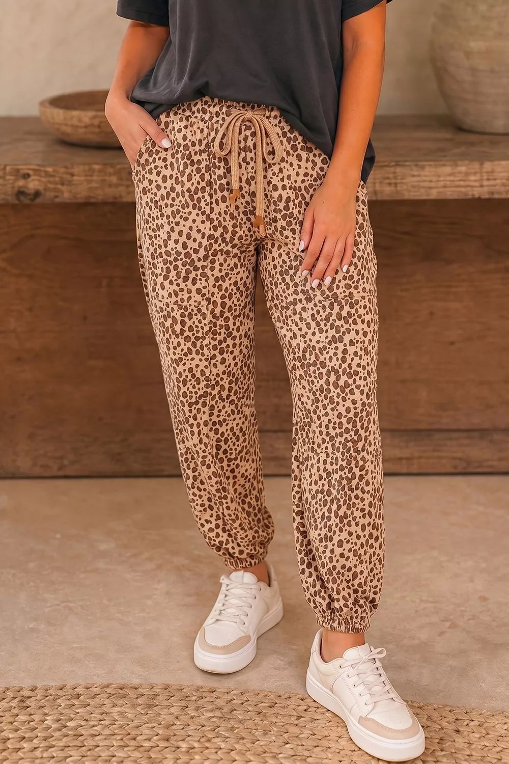 Leopard Print Drawstring Waist Pants in Camel, front view