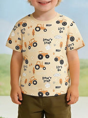 Toddler beige cotton t-shirt with playful tractor print, short sleeves, and crew neck.