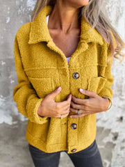 Textured Sherpa Utility Jacket in Mustard with button front and chest pockets.