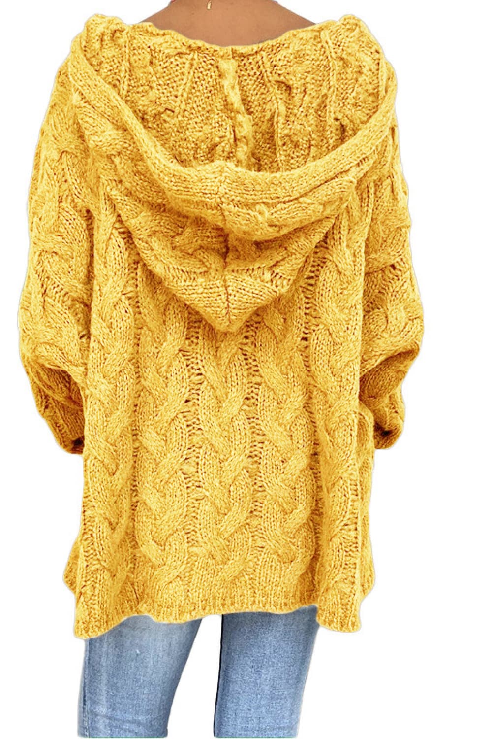 Yellow cable knit hooded cocoon sweater with chunky knit texture.