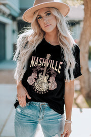 Black t-shirt with Nashville Music City graphic, guitar, roses and distressed denim.