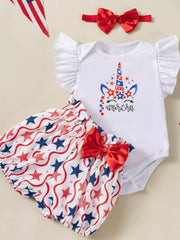 Unicorn print baby outfit set with ruffled sleeves, star print bloomers, and red bow headband.