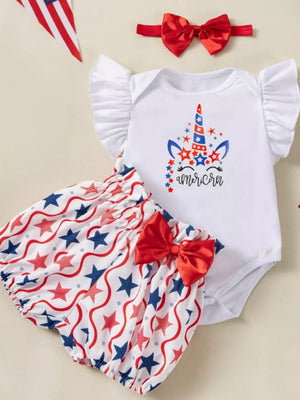 Unicorn print baby outfit set with ruffled sleeves, star print bloomers, and red bow headband.