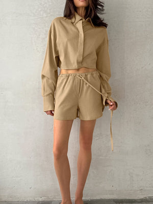 Tan cotton collared cropped long sleeve top and drawstring shorts set