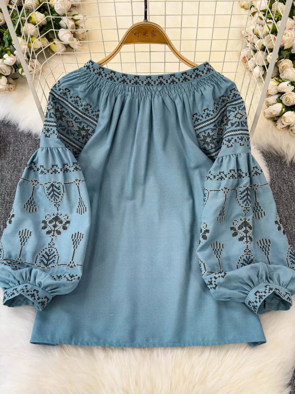 Bohemian Embroidered Blouse With Tassel Tie in White, fabric detail