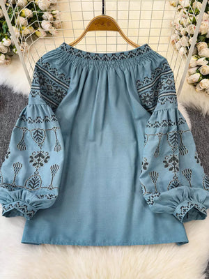 Bohemian Embroidered Blouse With Tassel Tie in White, fabric detail