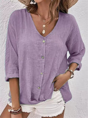 Full Size Casual V-neck Button-down Blouse in Blue, fit detail