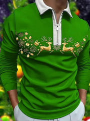 Green zip-neck polo shirt with reindeer and gift motif