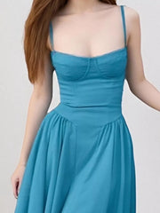 Cerulean sweetheart midi dress with spaghetti straps and gathered skirt