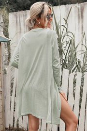 Light gray long sleeve maxi cardigan with an open front and relaxed fit.