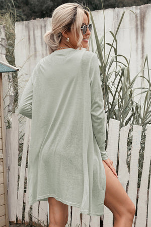 Light gray long sleeve maxi cardigan with an open front and relaxed fit.
