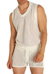Textured knit tank and shorts set in ivory with vertical stripes.