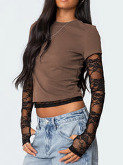 Brown crew neck t-shirt with black lace sleeves and trim, cropped length