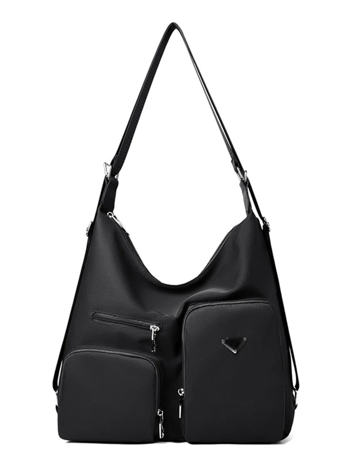 Black nylon shoulder bag with multiple exterior pockets and silver hardware.