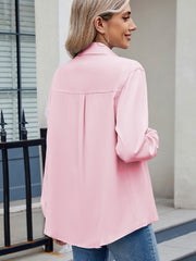 Blush pink utility crepe shirt with tie detail, long sleeves, and back pleats.