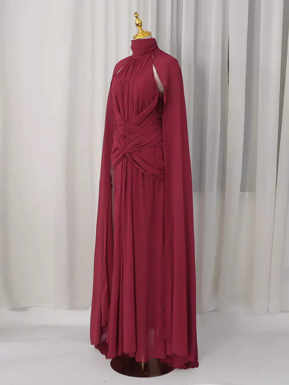 Ruched Halter Neck Cape Maxi Dress in Red, model styling view