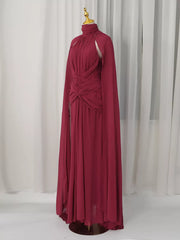 Ruched Halter Neck Cape Maxi Dress in Red, model styling view
