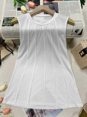 White sleeveless tank top with vertical pleat detailing and a crew neck.