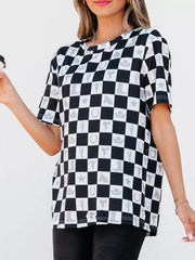 Western Checkerboard Print Side Split T-shirt in Black, model styling view