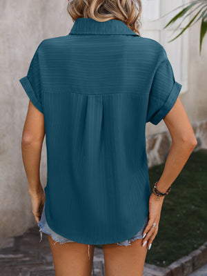 Deep Teal textured button-down shirt with cuffed short sleeves and a back pleat detail.