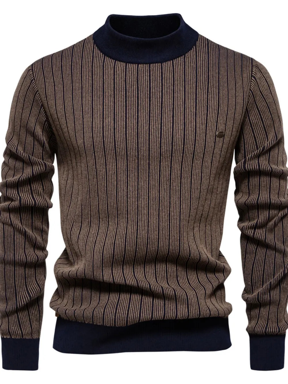 Brown ribbed stripe mock neck pullover sweater with navy trim.