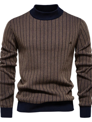 Brown ribbed stripe mock neck pullover sweater with navy trim.
