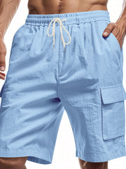 Men's light blue casual cargo shorts with drawstring and side pockets.