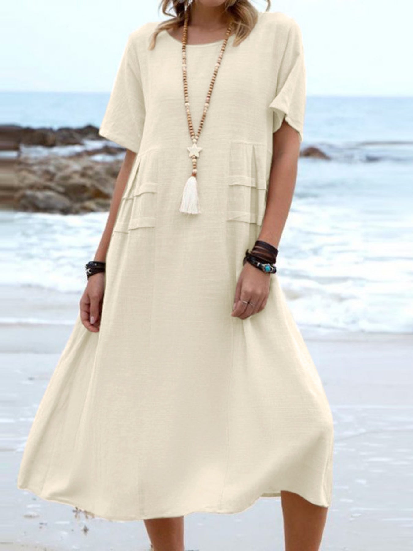 Full Size Casual Linen Blend Midi Dress in Royal Blue, close-up detail
