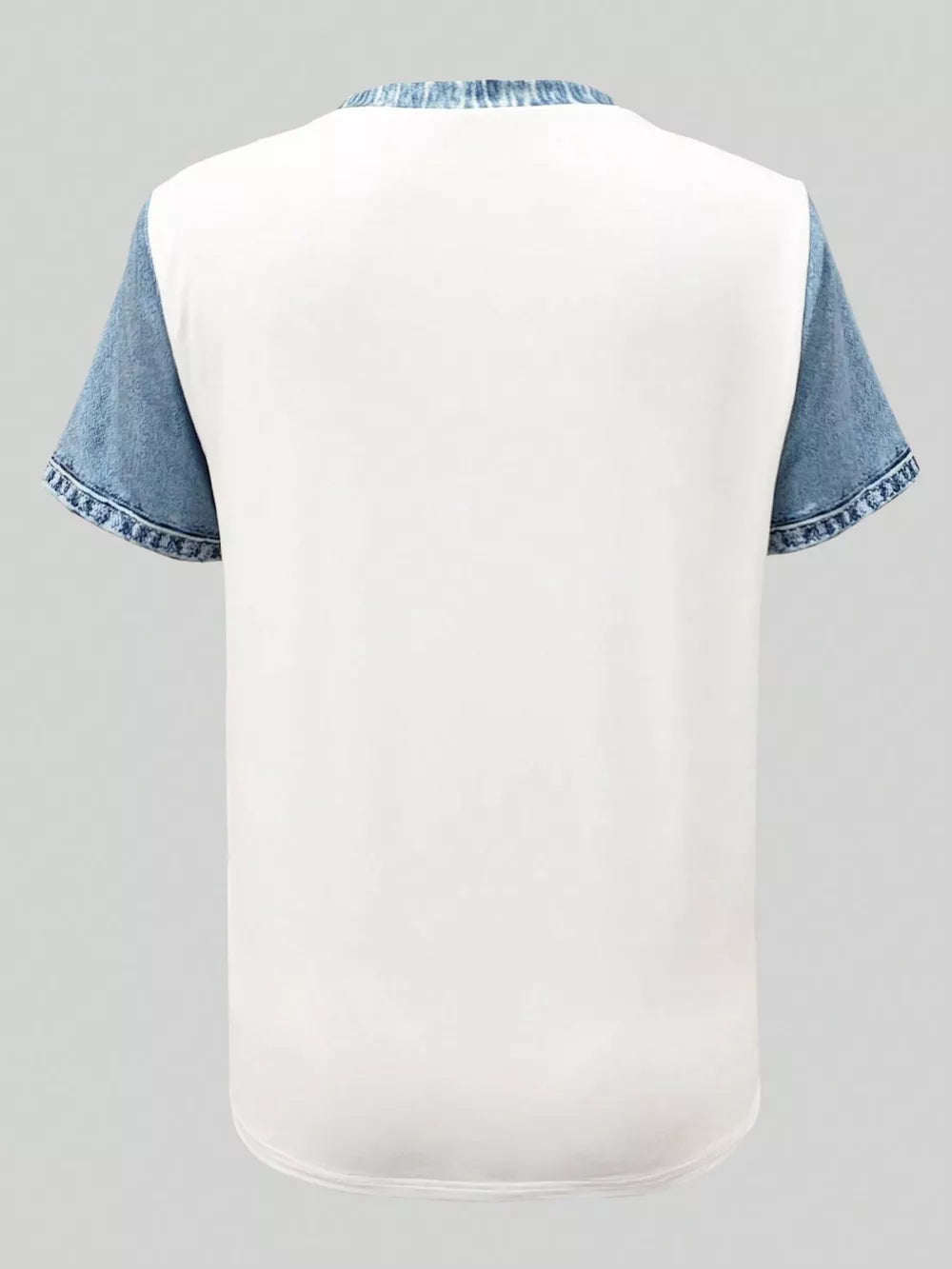 White blouse with denim patchwork sleeves and collar detail