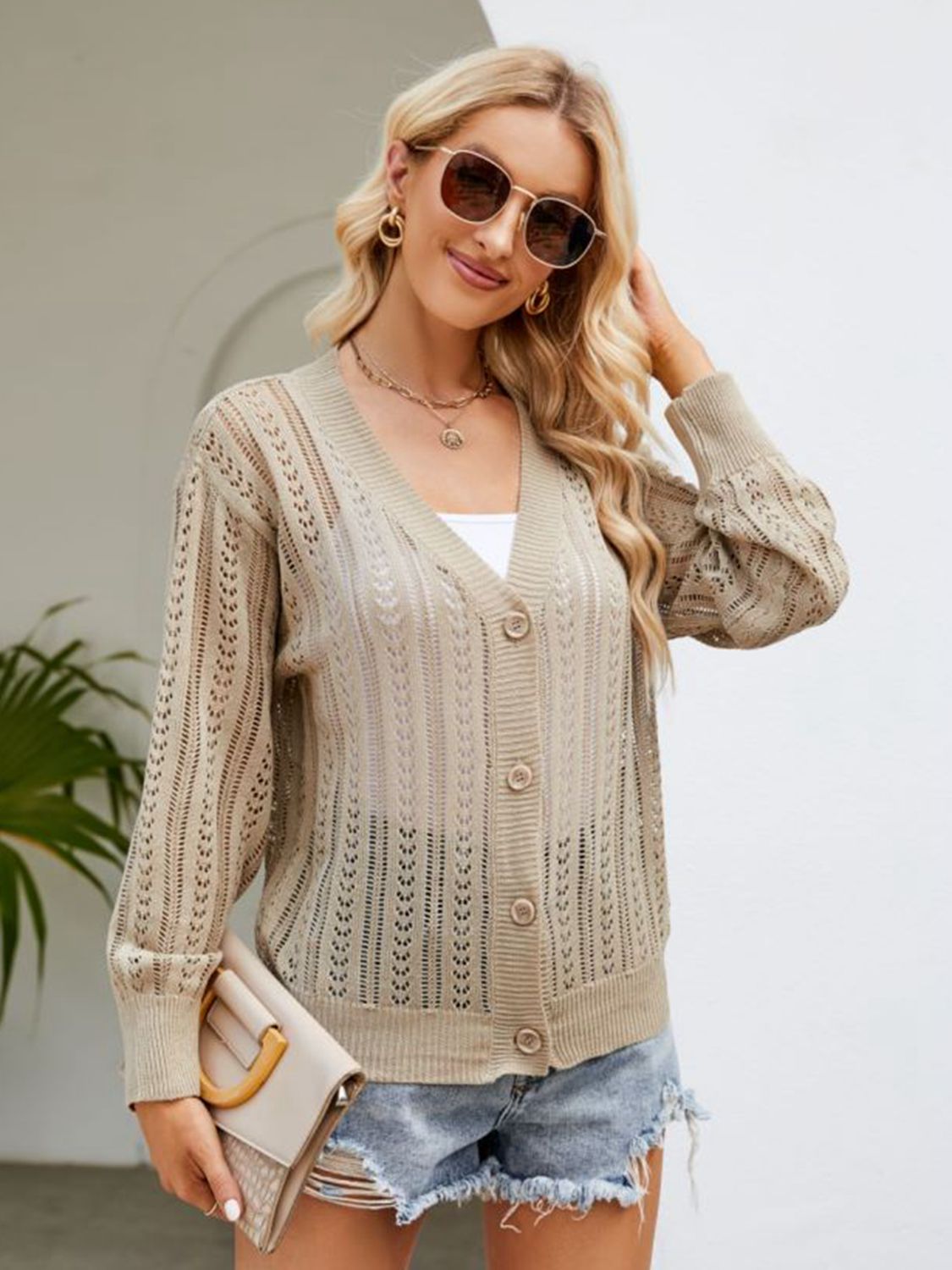 Khaki open knit button cardigan with V-neck and long sleeves.