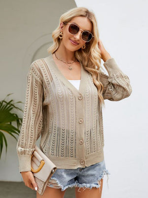 Khaki open knit button cardigan with V-neck and long sleeves.